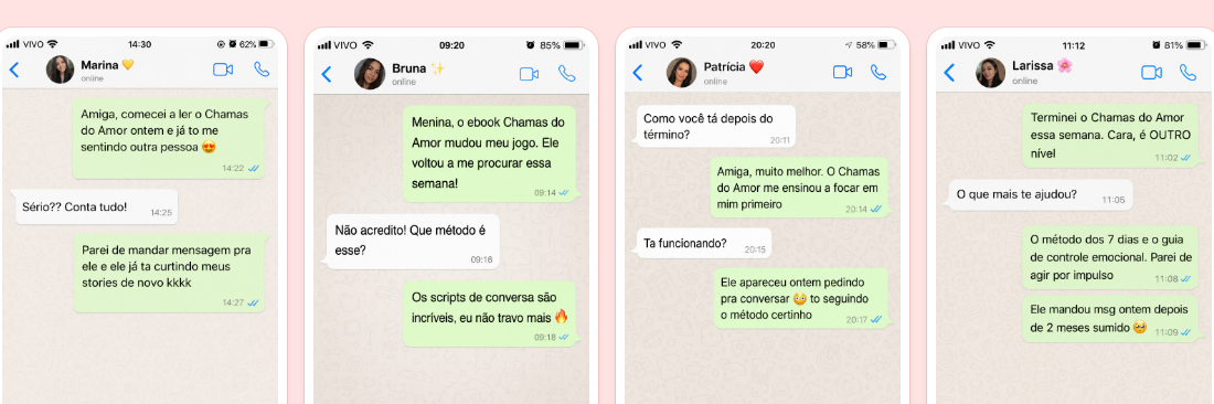 Prints reais de conversas de WhatsApp de leitoras do Método Amor em Chamas